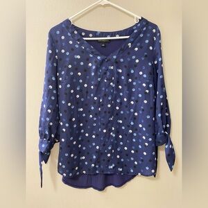 Fortune & Ivy blouse womens medium polka dot shirt 3/4 sleeve career navy top